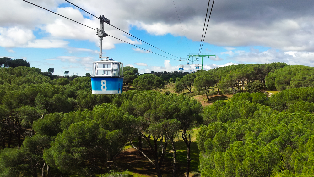 cabinas azules del Teleférico sobre los pinos de la Casa de Campo